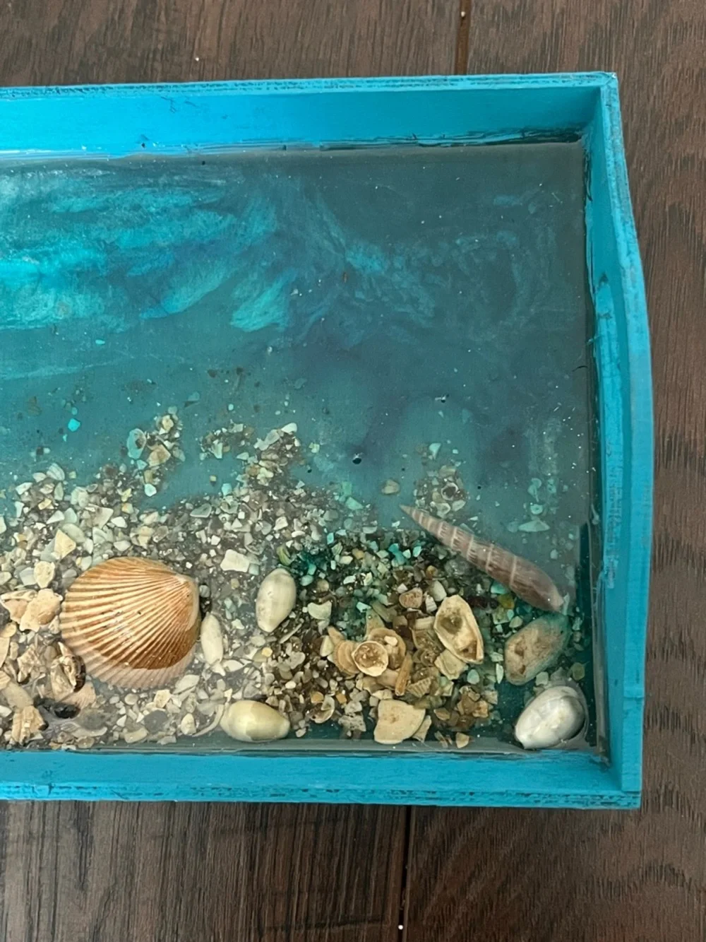 Teal Coastal Wooden Decorative Serving Tray with Shell Accent and Resin Ocean